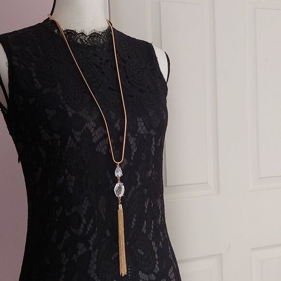 Herringbone Chain Necklace with Clear Rhinestones and Tassel Boho Chic Y Drop - Picture 3 of 6